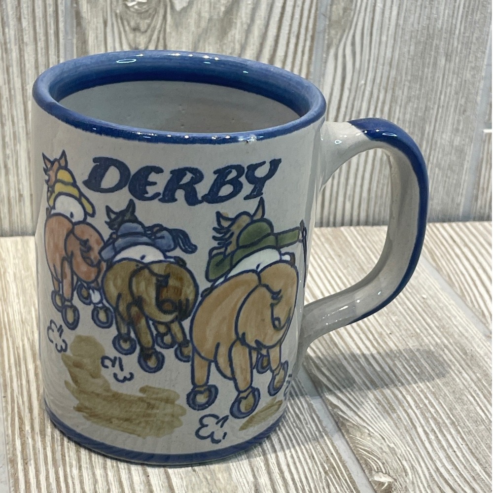 Louisville Stoneware Derby 88 Travelodge Horse Racing Coffee Mug Blue Rim USA